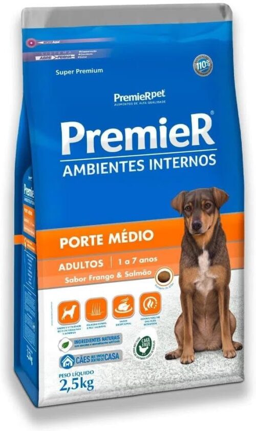 Ração Premier Ambientes Internos Cães Adultos 12kg Porte Méd