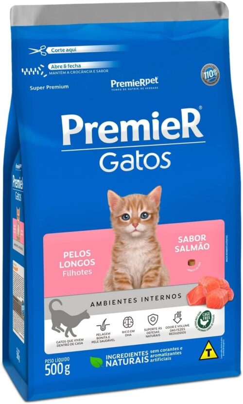 Ração Premier Ambientes Internos Pelos Longos para Gatos Filhotes Sabor Salmão - 500g Premier Pet