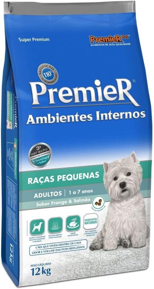 Ração Premier Ambientes Internos para Cães Adultos Sabor Frango e Salmão, 12kg Premier Pet Raça Adulto,