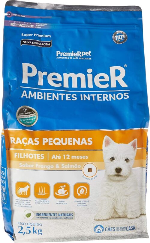 Ração Premier para Cães Filhotes de Raças Pequenas Ambientes Internos Sabor Frango e Salmão, 2,5kg Premier Pet Raça Filhotes,